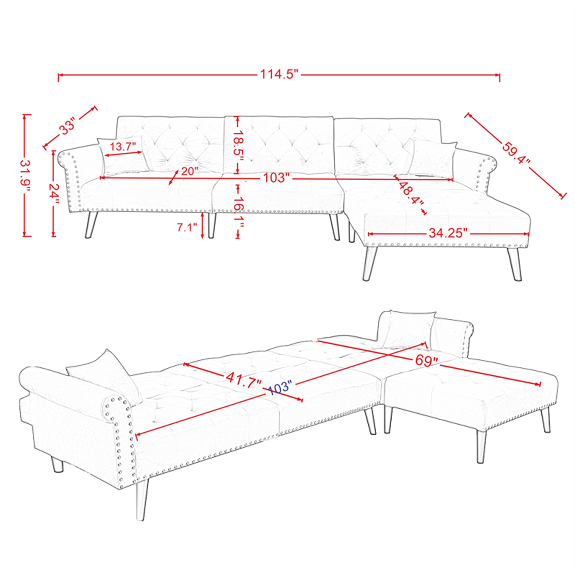 Aukfa 115" Velvet Sectional Sleeper Sofa for Living Room, Convertible Sofa Bed Queen, Dark Gray