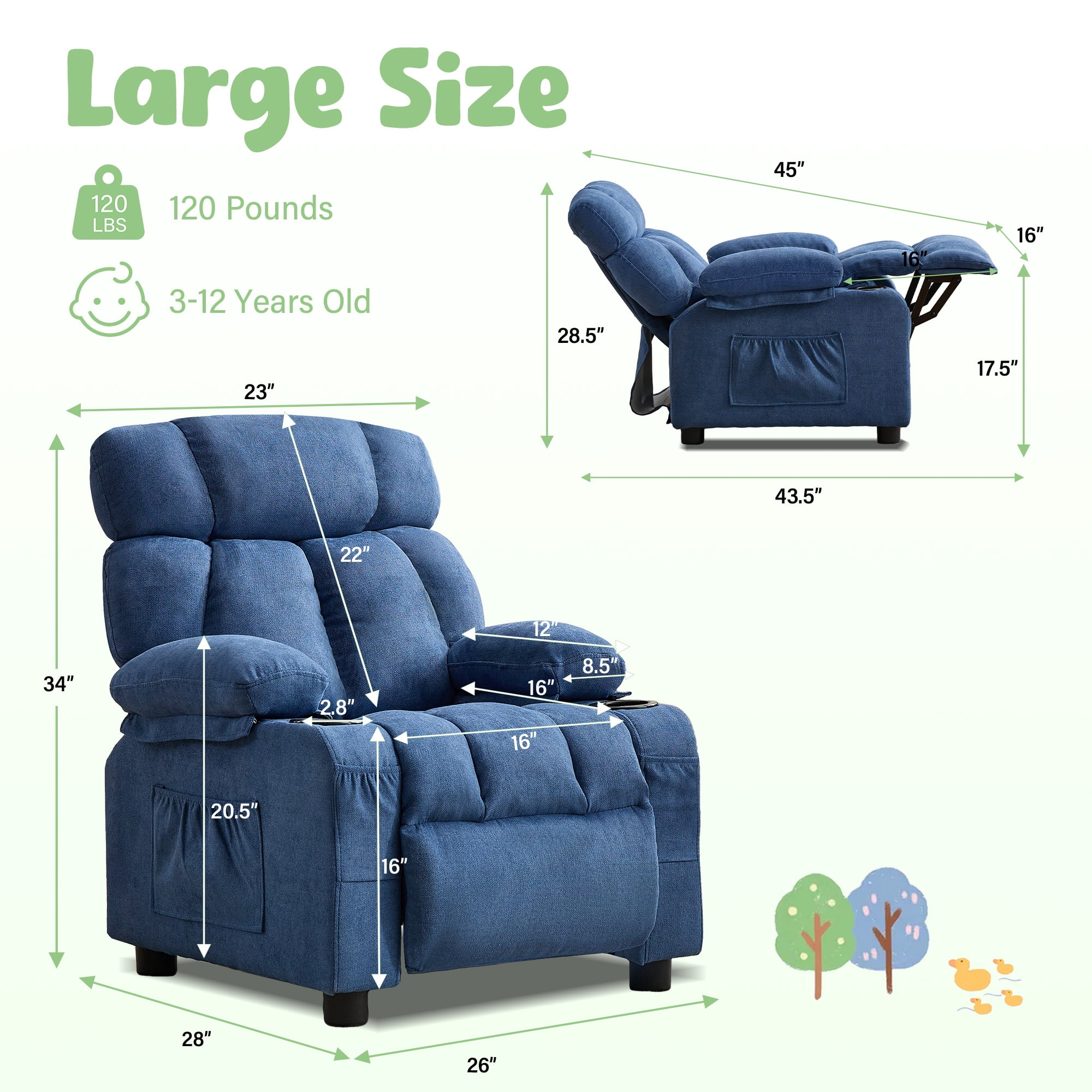 JONPONY Kids Recliner Chair,Push Back Toddler Recliner with Cup Holders & Side Pockets,Adjustable Footrest & Headrest Kids Sofa for Boys Girls 3+ Age Group, Dark Blue