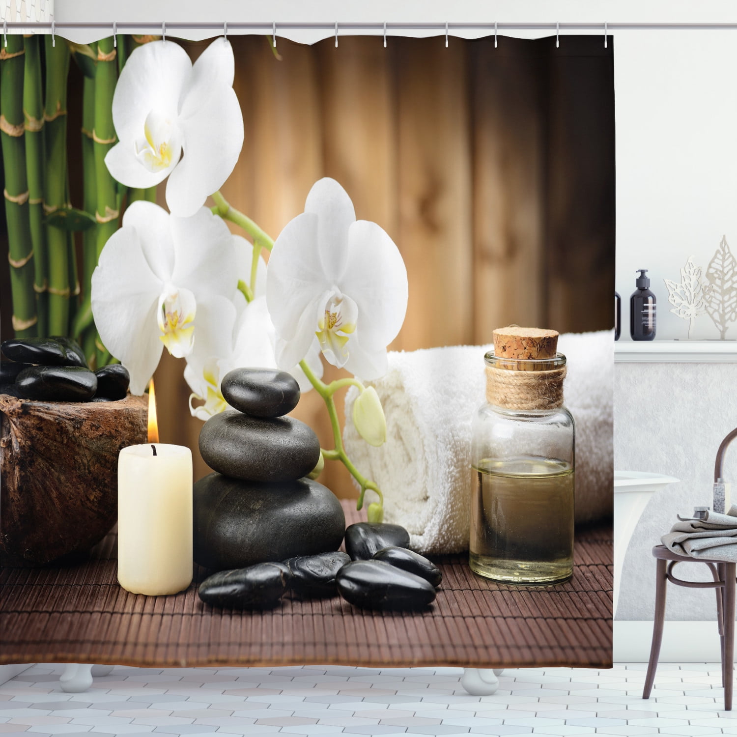 LB Zen Spa Shower Curtain Black Stones,White Orchids,Green Bamboo Forest Bath CM 