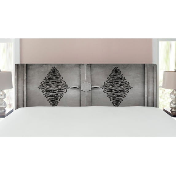 Antique Headboard, Antique Door with Vertical Ornamental Floral Pattern Travel Treasure Monochromic, Upholstered Decorative Metal Bed Headboard with Memory Foam, King Size, Grey Black, by Ambesonne