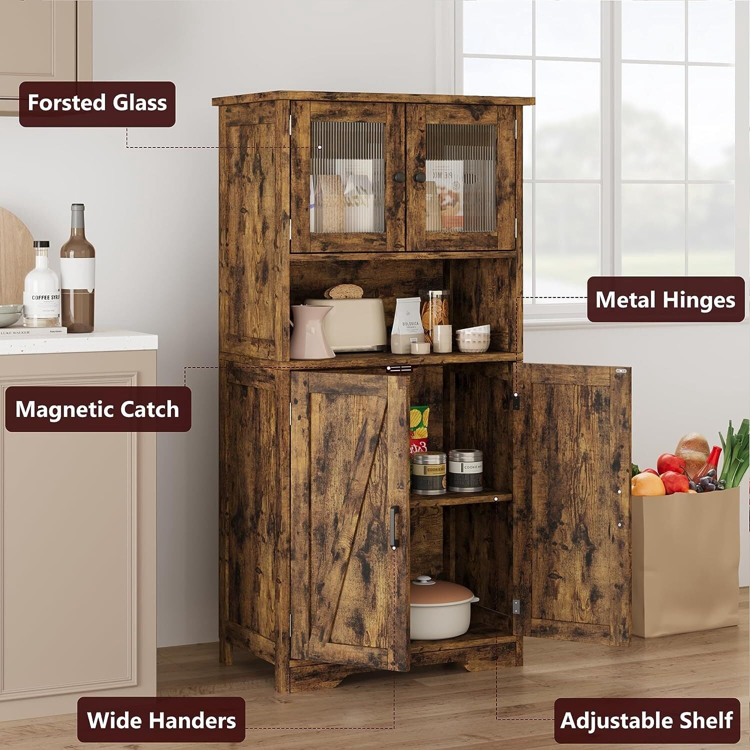 HOSSLLY Bathroom Storage Cabinet, Freestanding Bathroom Cabinet with Open Storage, Kitchen Pantry Cabinet with Doors for Living Room, Bathroom Floor Cabinet, Brown