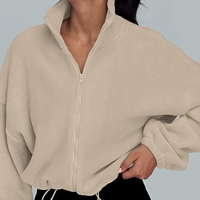 Abrigo Chaqueta de moda con cuello alto y cremallera para mujer, traje diario de color sólido (Caqui L) Cgtredaw Caqui T L para Mujer