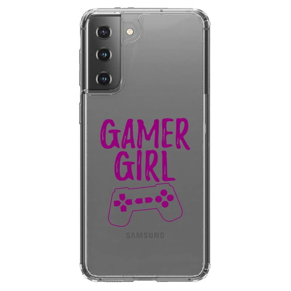 DistinctInk Clear Shockproof Hybrid Case for Galaxy S21  PLUS 5G (6.7" Screen) - TPU Bumper Acrylic Back Tempered Glass Screen Protector - Gamer Girl - Video Games
