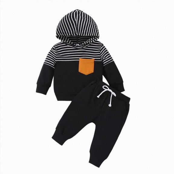 YDFCWXW Toddler Baby Boys Outfits Colorblocked Long Sleeve Hoodies Sweatshirts Tops Long Pants 2Pcs Winter Clothes Set (Black, 18-24 Months)