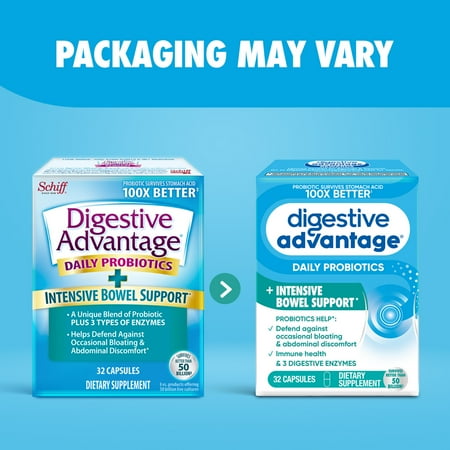 Digestive Advantage Intensive Bowel Support Probiotics For Women And Men, Digestive Enzymes For Gut Health, 32 Capsules