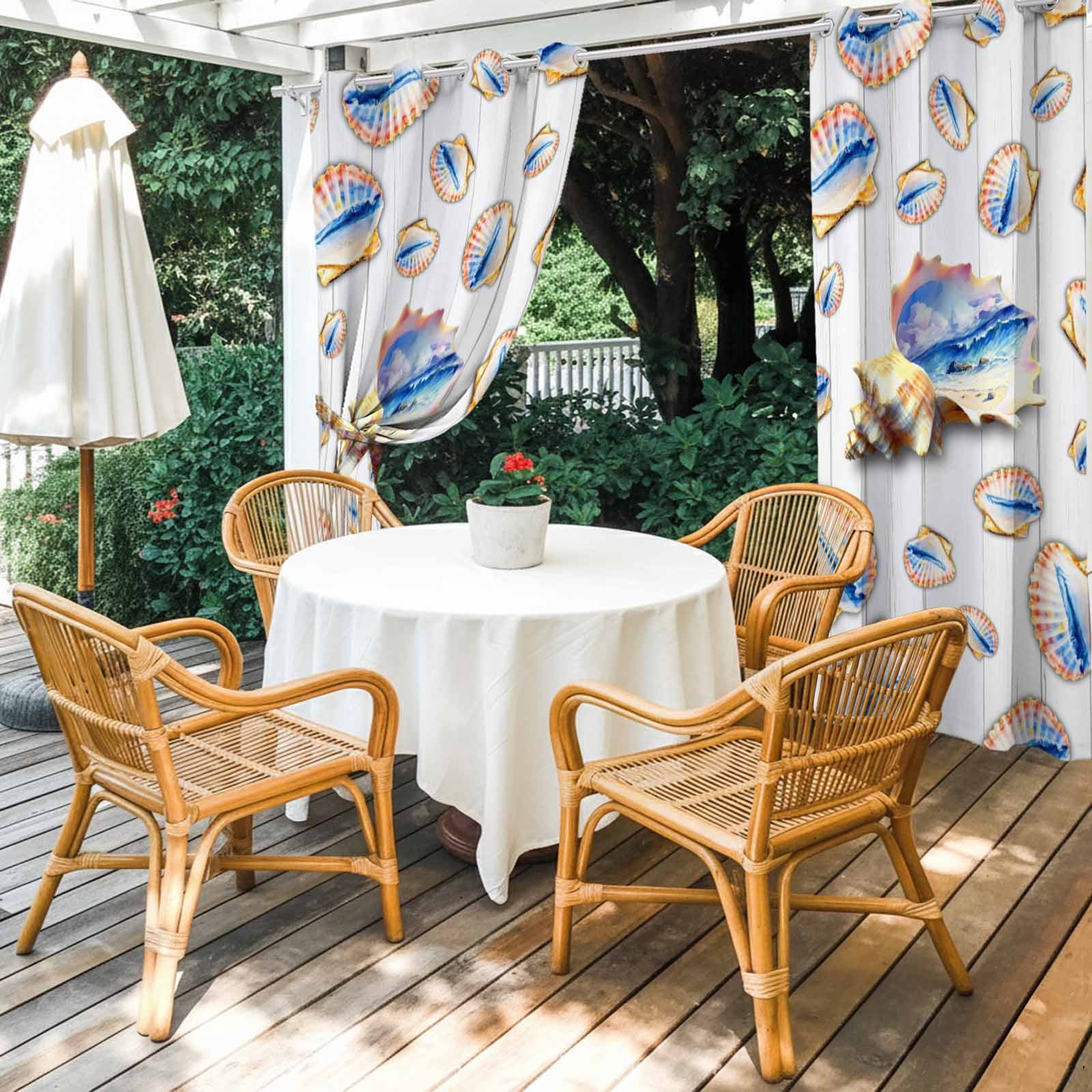 Ocean Shell Outdoor Curtains for Patio, Summer Seaside Beach Wave Conch White Wood Grain Sunshade Privacy Drapes Grommet Waterproof Outside Curtains for Porch/Cabana/Balcony 54"x 108", 1 Panel
