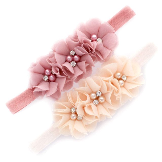 My Lello Baby Flower Diademas De Tela Con Cuentas, Trío Elástico, Par (Rosa Polvoriento/Crema Vainilla)