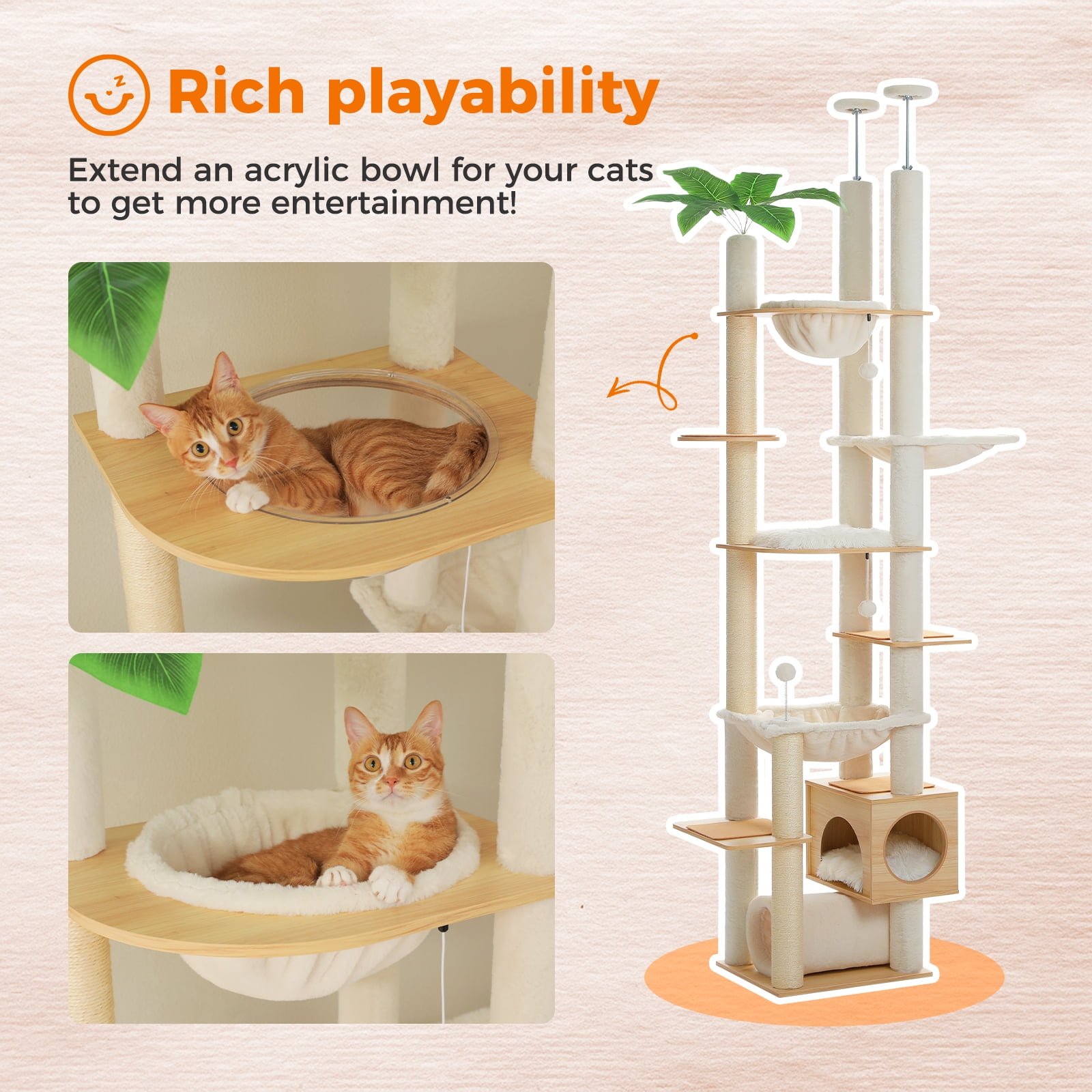 Pefilos Floor to Ceiling Cat Tree 93.3’’-100.8’’ Height Adjustable, Wooden Cat Tower Tall Climbing with Scratching Posts, Condo, Perches and Hammock, Beige