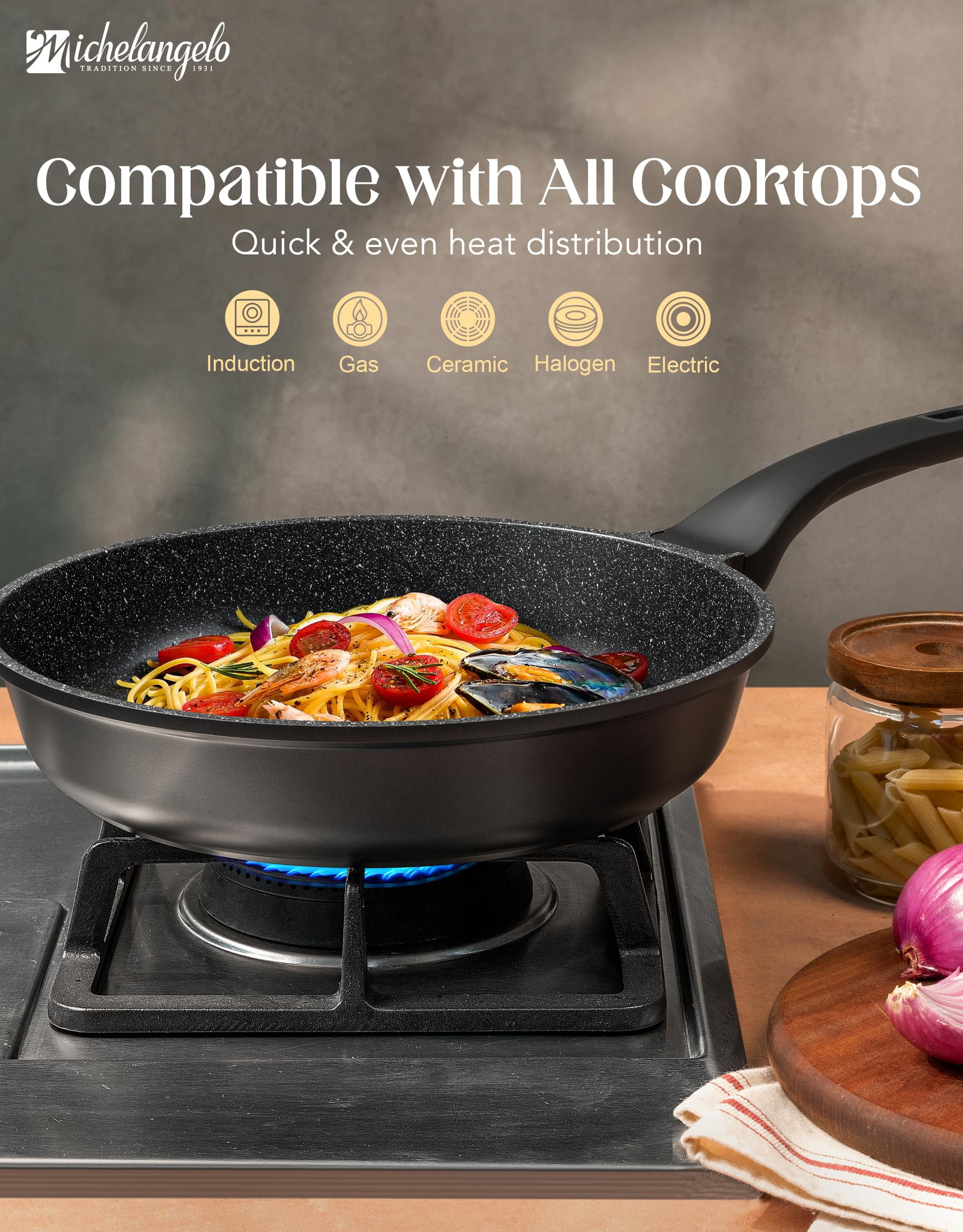 MICHELANGELO Frying Pans Nonstick - Large Non Stick Frying Pan 12 Inch | Ease of Cleaning, All Stovetops Compatible, Built to Last, Stay-Cool Handle