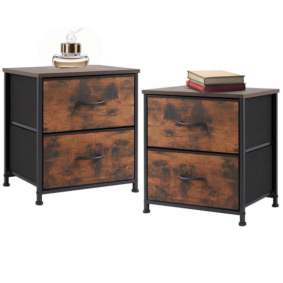 LIFERECORD Nightstand for Bedroom, Tall Chest Organizer with Fabric Bins, Steel Frame, Rustic Brown, Set of 2