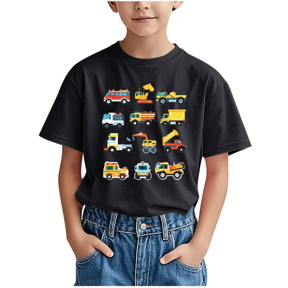 Lopecy-Sta Kids Cars and Trucks Print Pattern T-shirt for Boys Children's Short Sleeve Round Neck Shirt Summer Casual Versatile Tees 3-4 Years