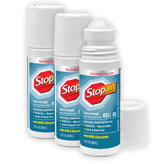 Stopain Pain Relief Roll On Gel 3oz (3 Pack) USA Made, Max Strength Fast Acting With Glucosamine, Menthol For Arthritis, Lower Back Sciatica, Knee, Neck, HSA FSA Approved Topical Analgesic Products