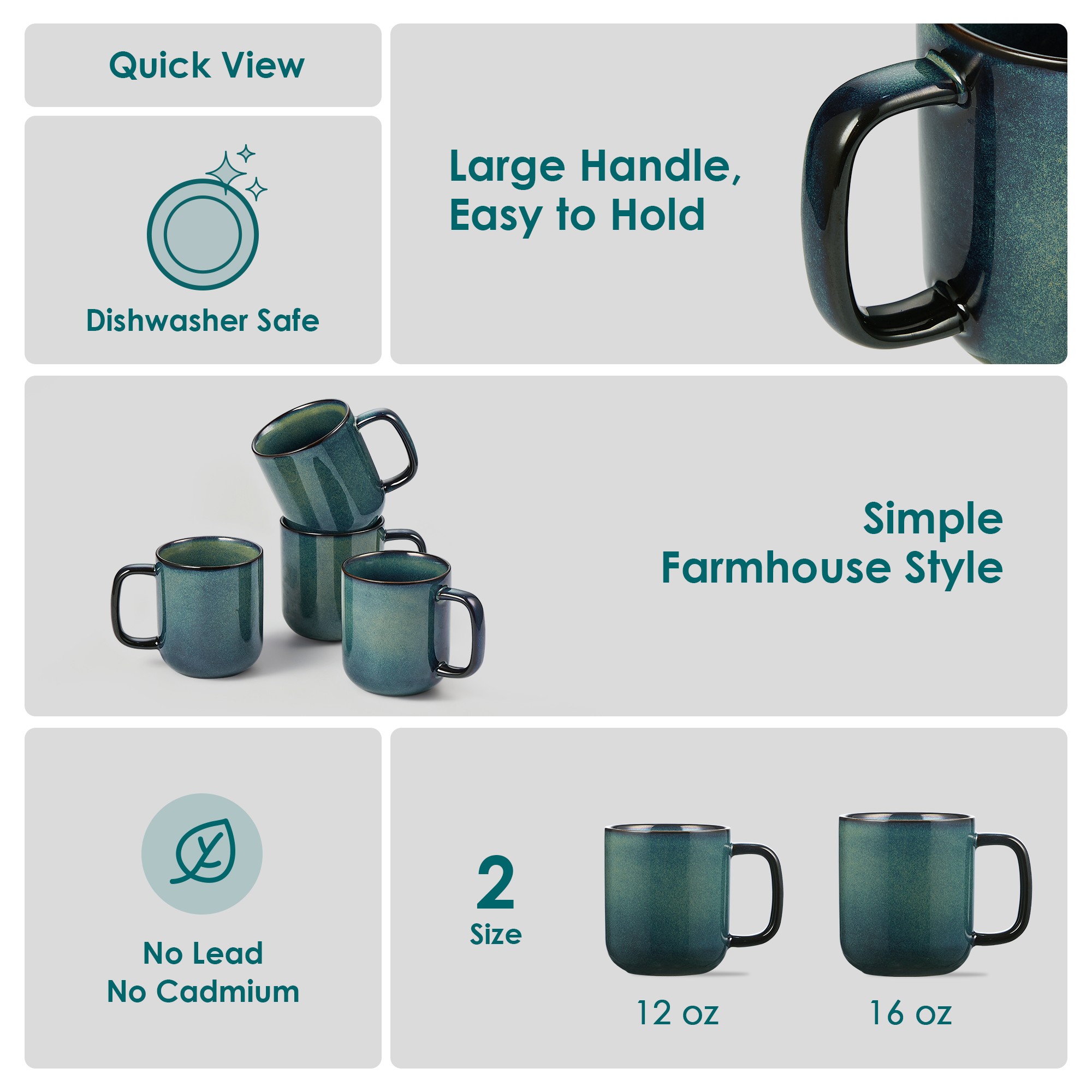 Vancasso Stoneware Coffee Mugs, 12 oz, Set of 4, Green photo 3