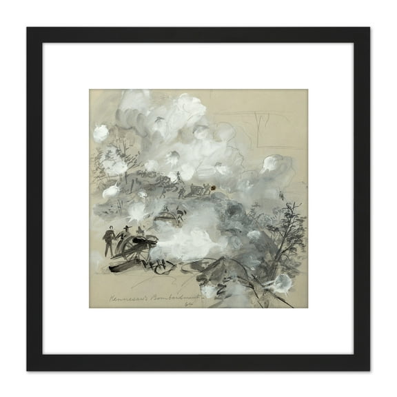 Waud Kennesaw's Bombardment Us Civil War Painting 8X8 Inch Square Wooden Framed Wall Art Print Picture with Mount