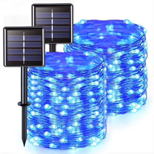 Cadena de luces solares, paquete de dos cada 200 LED 72.2 pies 2 modos Luces de hadas de alambre de cobre impermeables con energía solar para el hogar, fiesta, decoración navideña (azul) brillar Electrónica