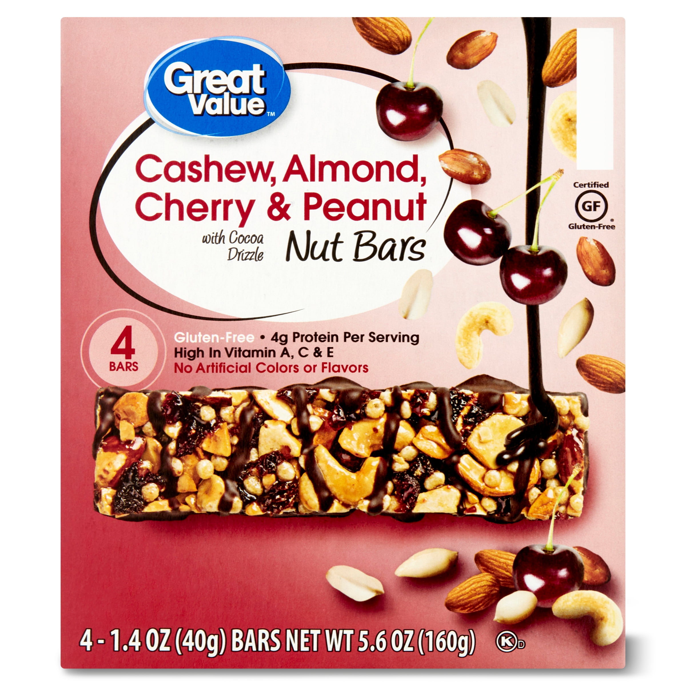 Great Value Cashew, Almond, Cherry, & Peanut Nut Bars with Cocoa Drizzle, 5.6 oz, 4 Count