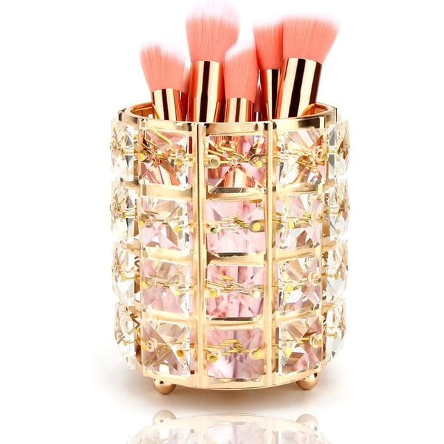 Almacenamiento de brochas de cristal, soporte para brochas de maquillaje, estuche para bolígrafos, organizador de cosméticos, decoración de escritorio (dorado) JFHHH pequeña