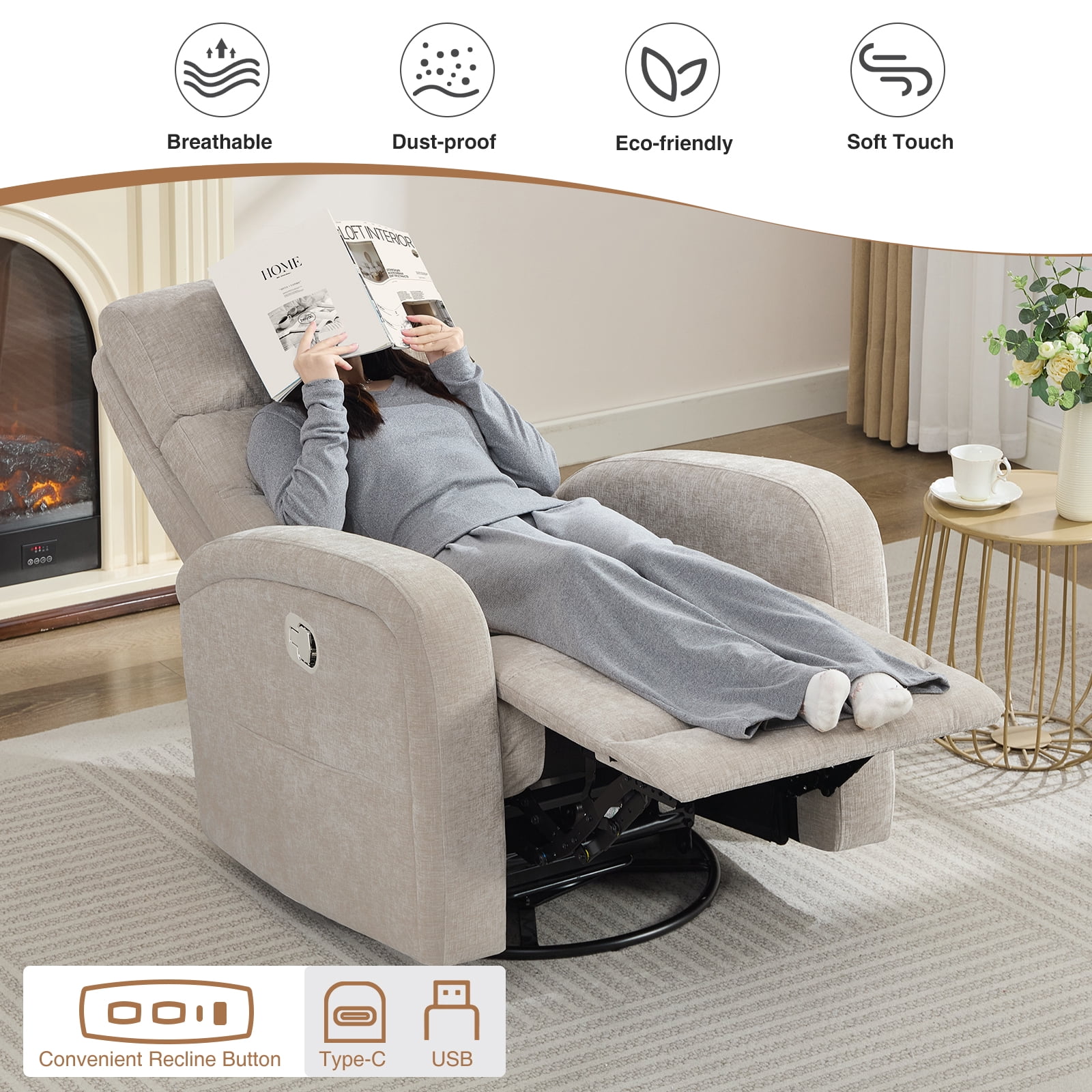 Aemeios Manual Swivel Rocker Recliner, Chenille Nursery Chair with Pockets, Camel