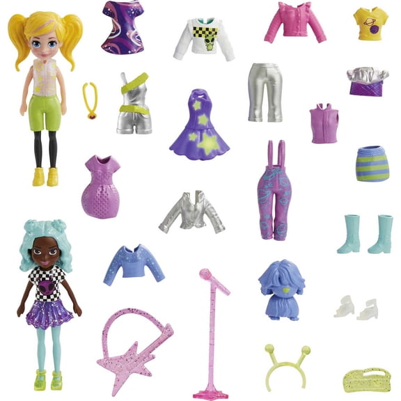 Polly Pocket 2 Dolls and 25 Accessories, Glow-in-the-Dark Pop Star Spotlight Fashion Pack