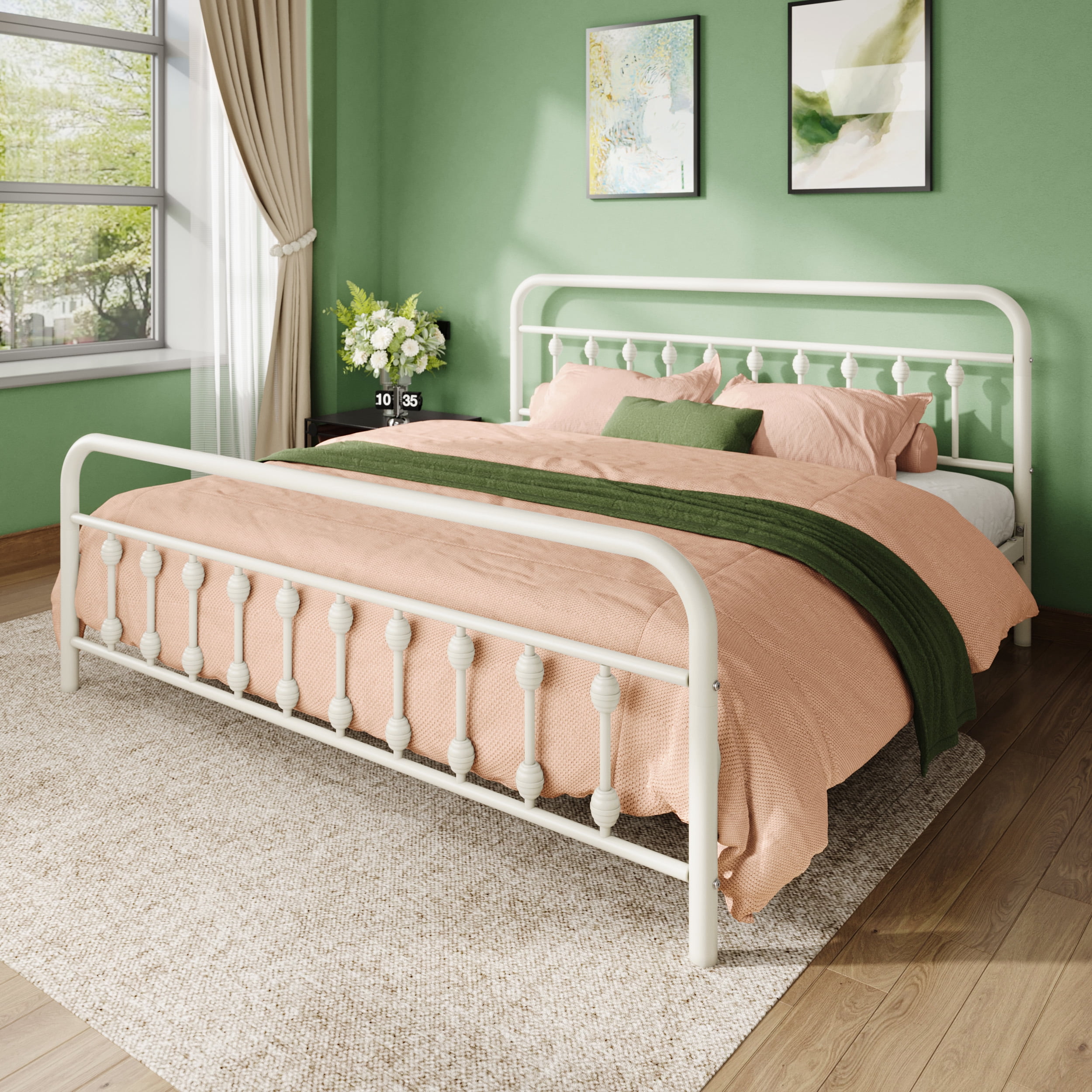 Allewie King Metal Platform Bed Frame with Vintage Pattern Headboard/Footboard, No Box Spring Needed, White