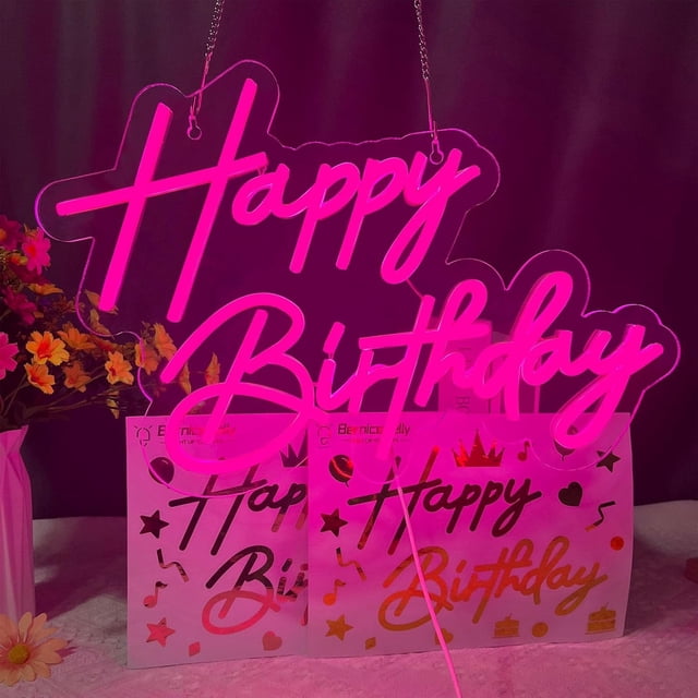 Letrero de neón de feliz cumpleaños para decoración de pared, 17 x 12 pulgadas, letrero de luz LED rosa, decoración artística, letrero de luz de neón de feliz cumpleaños para todas las fiestas de