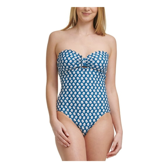 TOMMY HILFIGER Women's Blue Floral Stretch Vintage-Inspired Keyhole Lined Sweetheart Tie One Piece Swimsuit 18