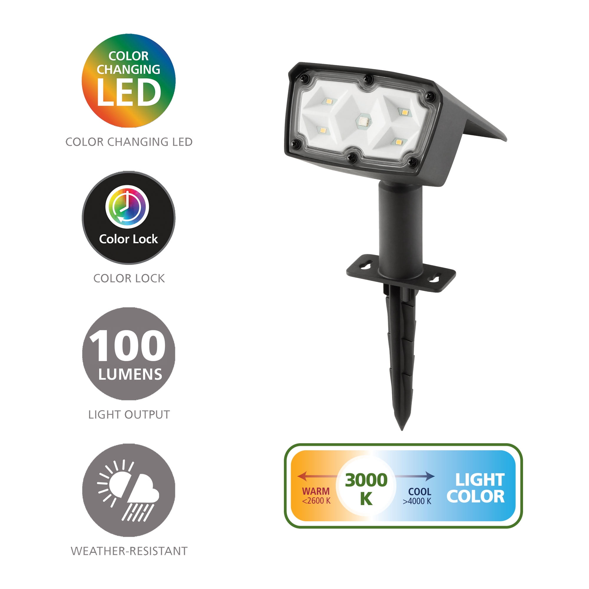 Mainstays Solar Powered Black Color Lock LED Landscape Spotlight, 100 Lumens
