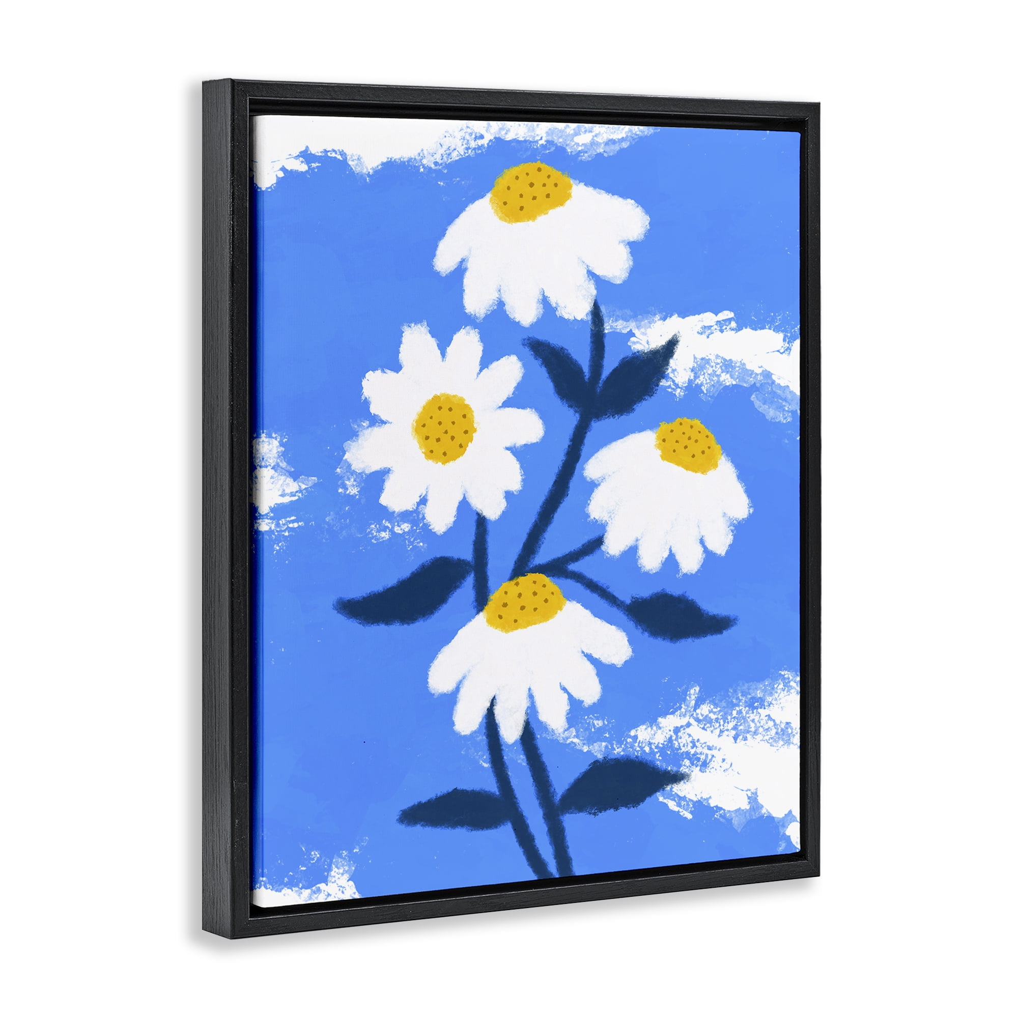 Stupell Industries Daisy Bloom with Clouds Plants & Flowers Painting Black Floater Framed Canvas Art Print Wall Art, 17 x 21