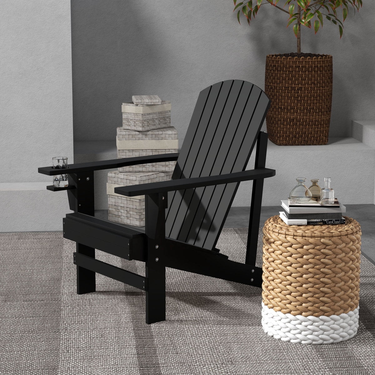 Newboti Furniture Wooden Adirondack Chair, Outdoor Patio Lawn Chair with Cup Holder, Weather Resistant Lawn Furniture, Classic Lounge for Deck, Garden, Backyard, Fire Pit, Black BN.6001