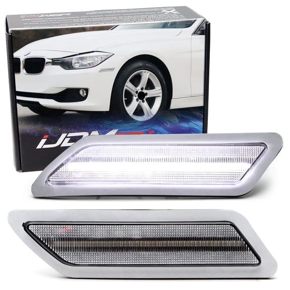 Semi-Clear Lens White Full LED Strip Front Bumper Reflector Replace Side Marker Light Kit For BMW 2012-2015 Pre-LCI F30 320i 328i 335i, Replace OEM Amber Reflex
