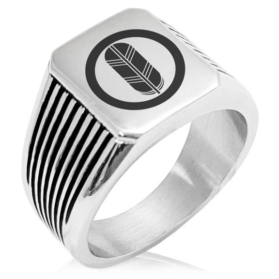 Stainless Steel Saigo Samurai Crest Needle Stripe Pattern Biker Style Polished Ring