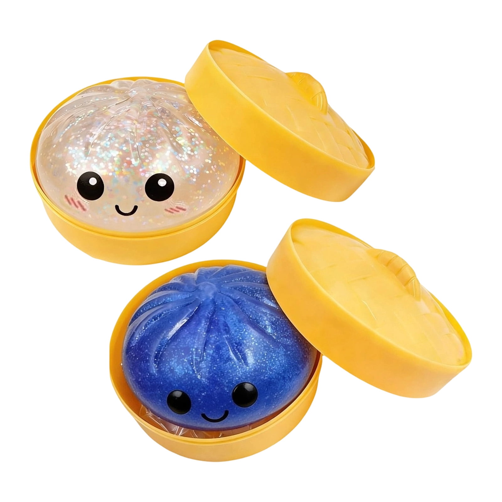 Glitter Colorful Dumpling Squishy, Cute Squishy Dumpling Large with Steamer, Squishy Dumpling Doll with Cute Expressions, Silicone Bun Sensory Fidget Dolls, Hand Pinching Decompression Dolls