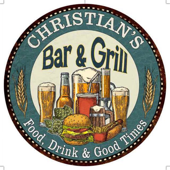 CHRISTIAN'S Bar and Grill 14" Round Metal Sign Kitchen Wall Decor 100140023488