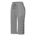 thumbnail image 4 of vigerkar Linen Capris for Women 2025 Spring Summer Elastic Pants with Pockets Side Button Casual Cropped Pants Grey, L, 4 of 5
