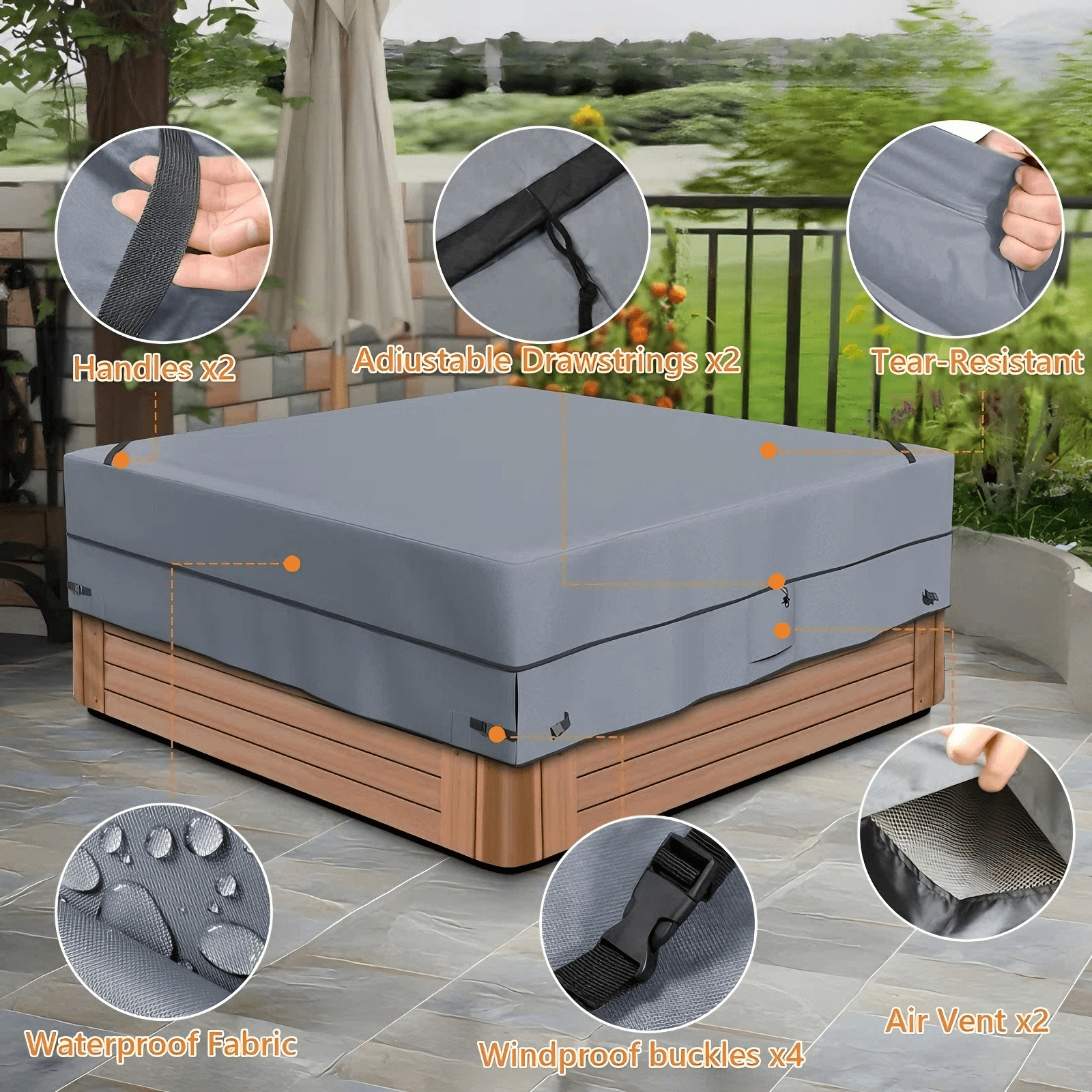 Outdoor Square Hot Tub Cover 86"x86", Waterproof & Anti-UV SPA Cover for Hot Tub with Super Windproof Straps, Gray