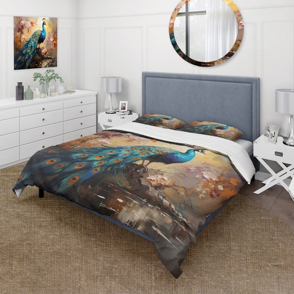 Designart "Expressionist Portrait of a Peacock III" Animals Bedding Covert Set - Peacock Blue Children's Art Bed Set With 2 Shams