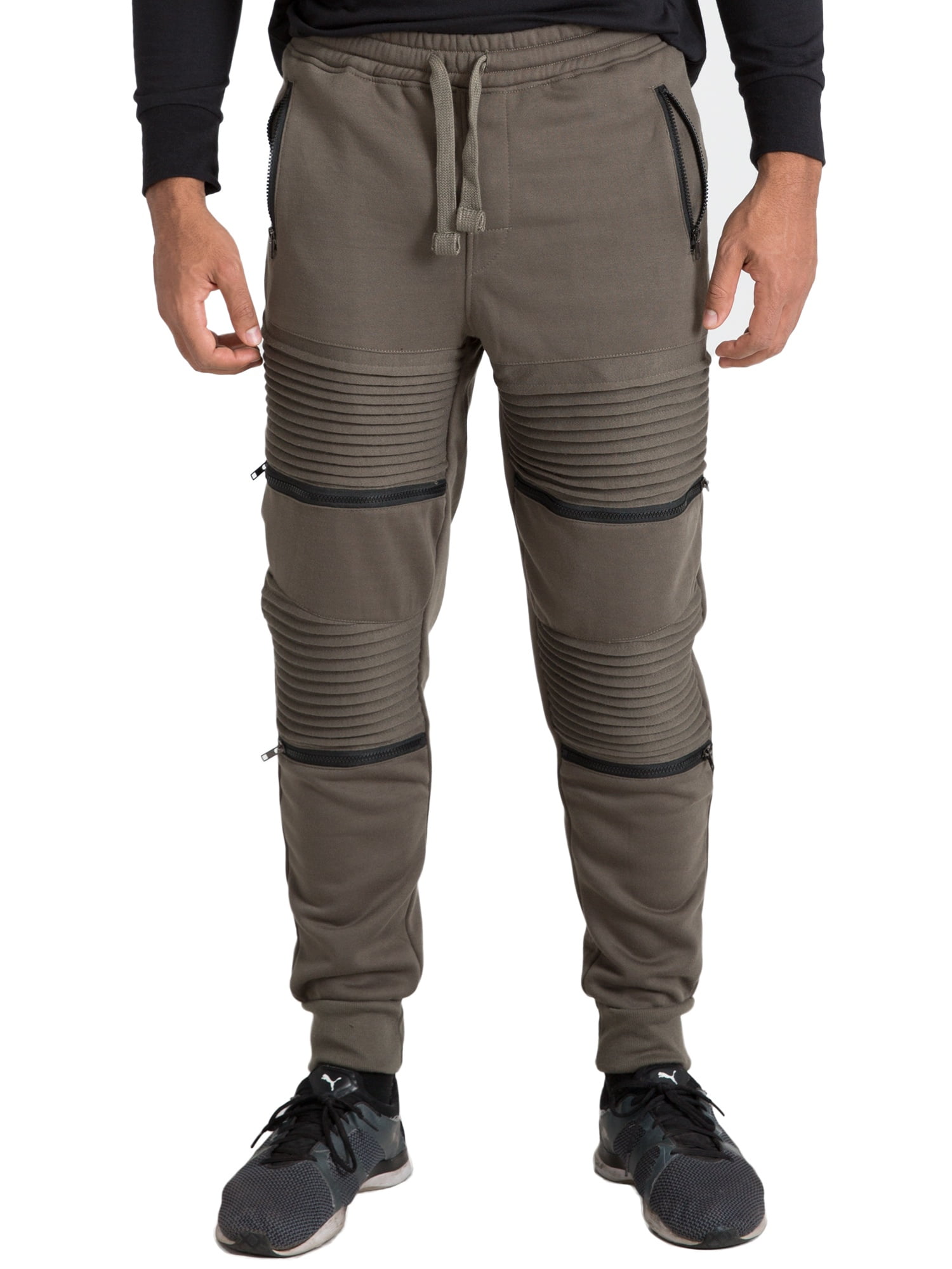 Vibes Mens Fleece Jogger Pant Double Moto Patch & Zipper Knee Trim Rib