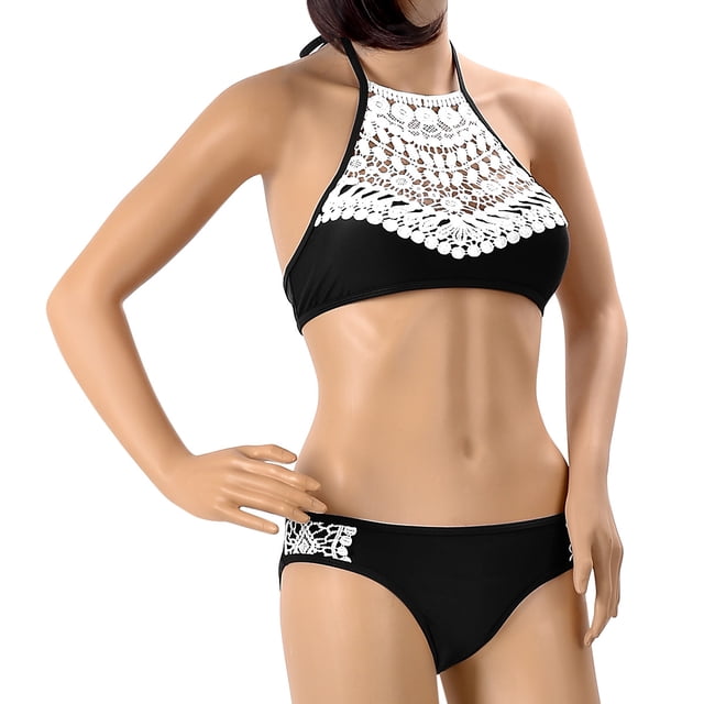 Fashion Women's Lace Splicing Halter Padding Tank Bikini Set, Black