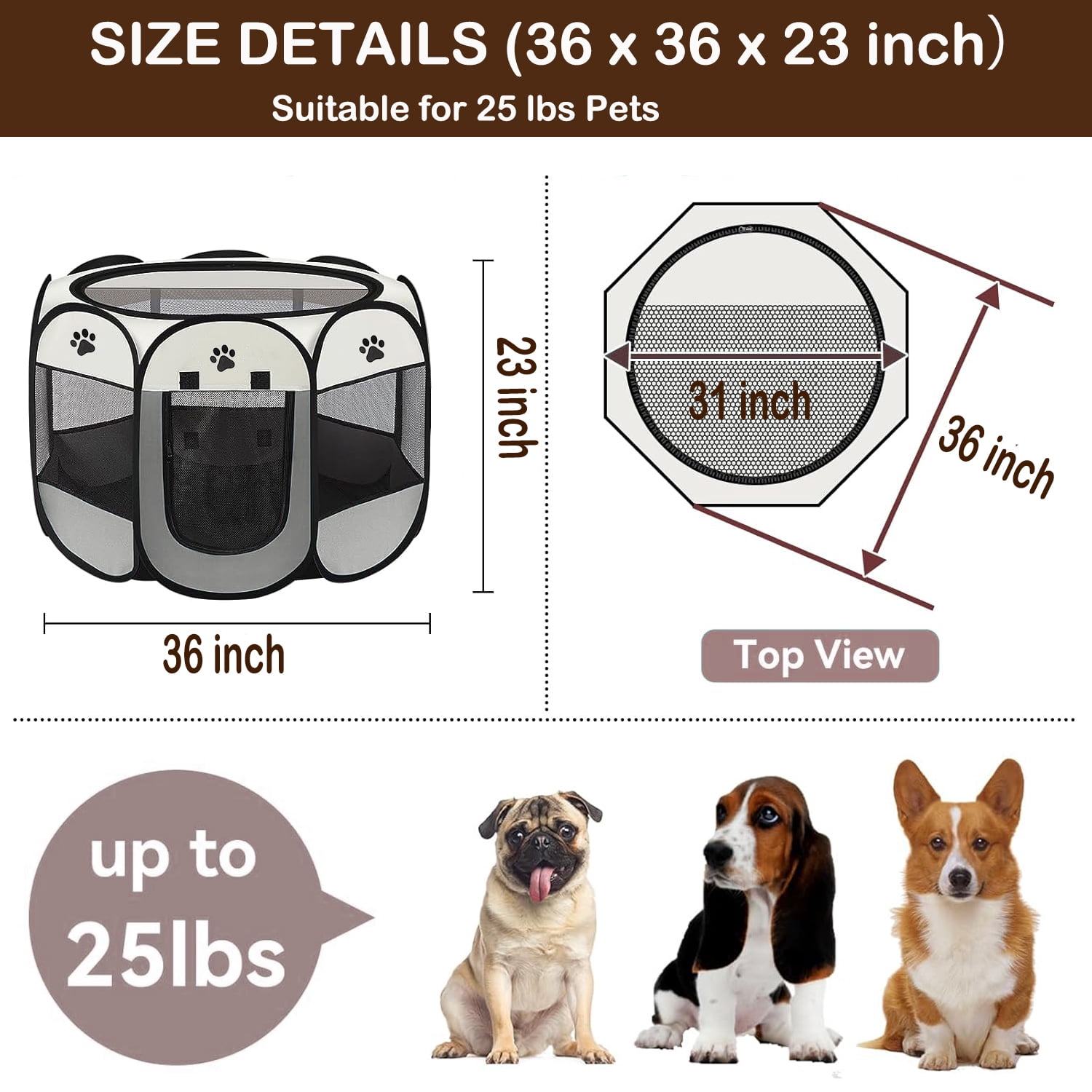 Large Cat Playpen,36" Pop-up Cat Cage with Side Pocket,Dinosam Puppy Playpen for Indoor Outside Kitten Playpen 36" Diameter 23" Height