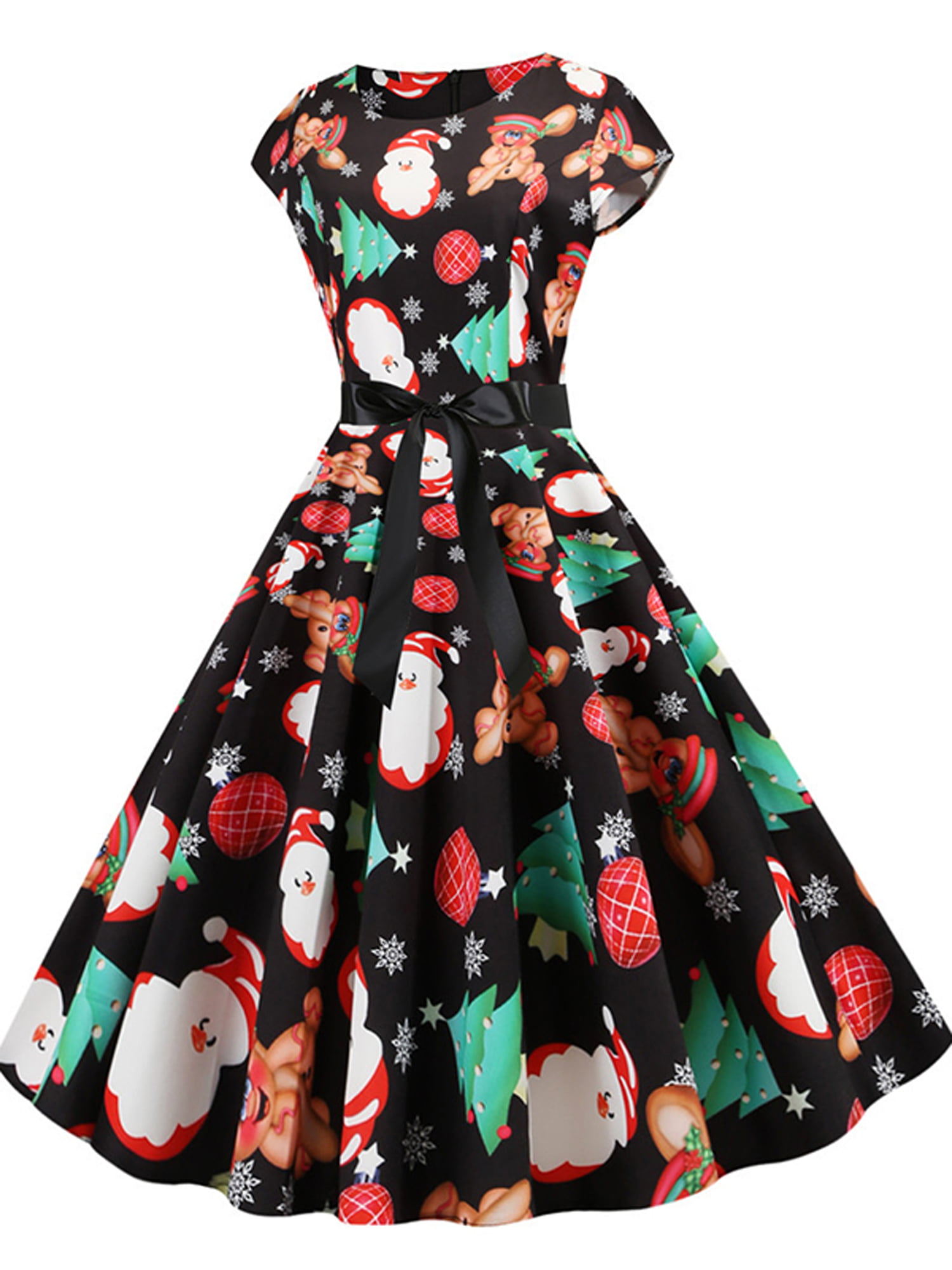 Fudule 2020 Women Dresses,Womens Vintage Short Sleeve Christmas Printed Party Dress Bow Knot A-Line Swing Dress Suit 