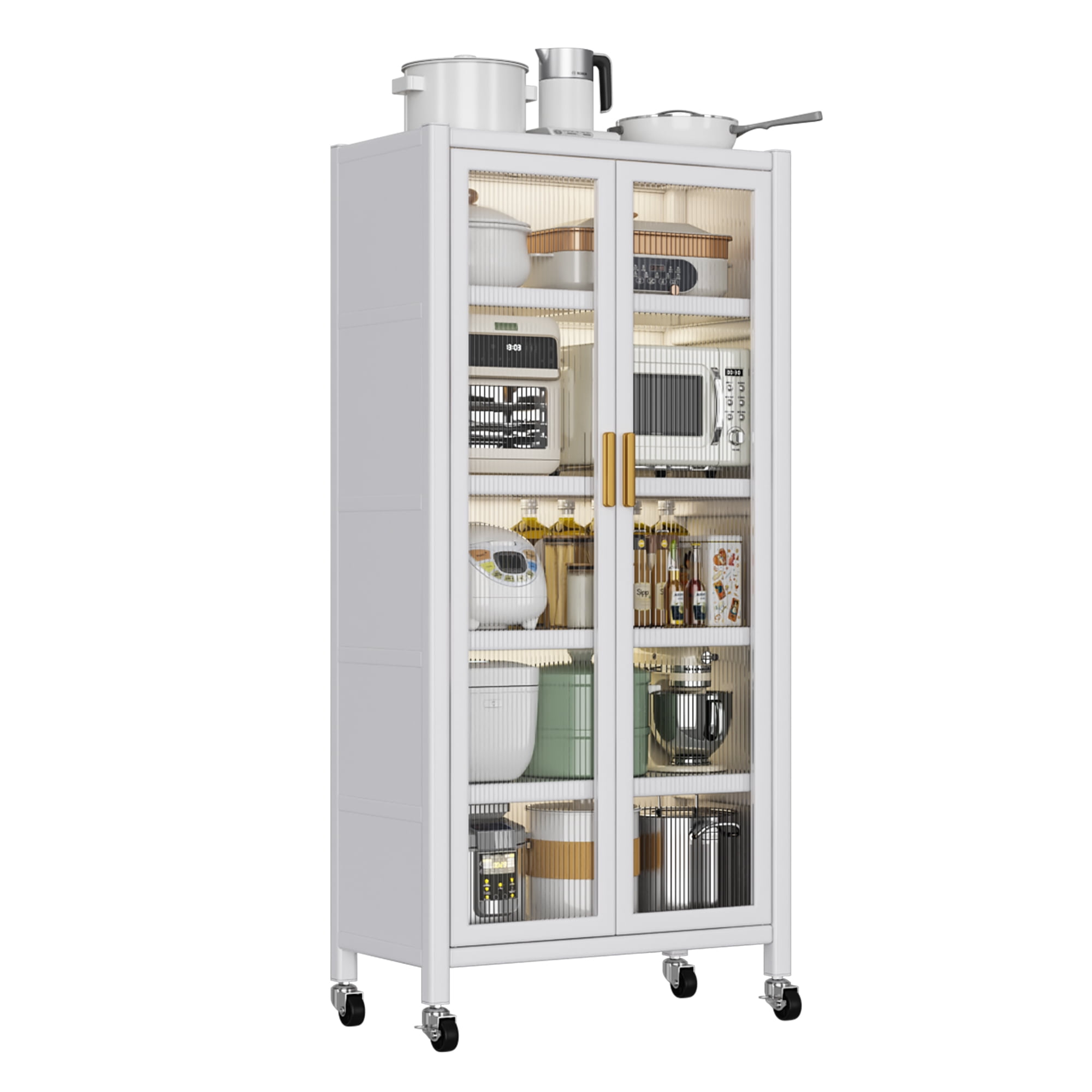 Wohh Kitchen Pantry Cabinet with Wheels, 65.2" Tall Storage Cabinet with Double Doors and Shelves, Metal & PC Microwave Stand Organizer, Freestanding Utility Cupboard for Dining Room
