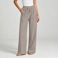 thumbnail image 2 of Staron Women's Casual Pants Loose Wide Leg Drawstring Trousers Striped Elastic Waist with Pockets Comfy Relaxed Lounge Pants, Beige XL, 2 of 6