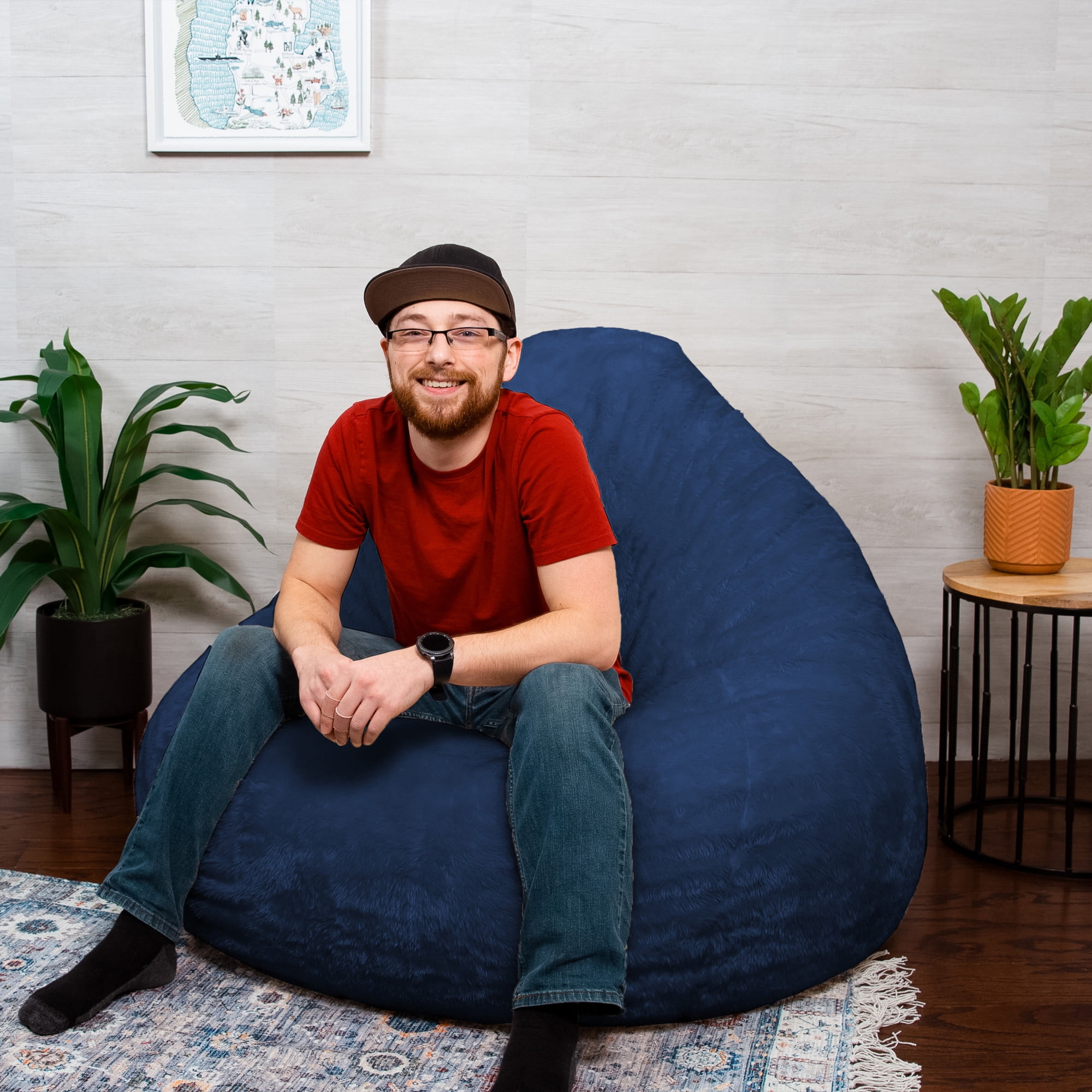 Big Joe Lotus Foam Filled Teardrop Bean Bag Chair with Removable Cover, Navy Short Shag, Soft Faux Fur, 4 feet Big