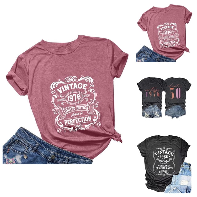 T-shirts Vintage 1976 pour Femmes 2026 Été Décontracté Manches Courtes Col Rond Cadeau 50e Anniversaire T-Shirts Graphiques Hauts de Fête Rétro