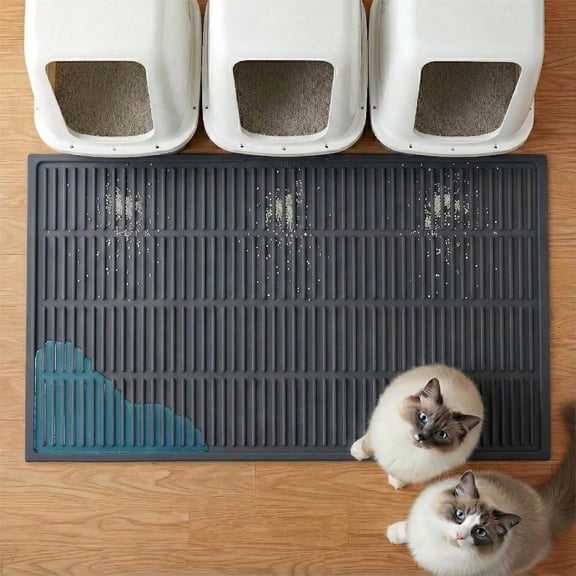 Extra Large Litter Mat: XL 39x29 Silicone Waterproof Groove Design Litter Trapping Mat Easy to Clean for Multiple-Cats - Jumbo Non-Slip Cat Box Rug for Floor Grey