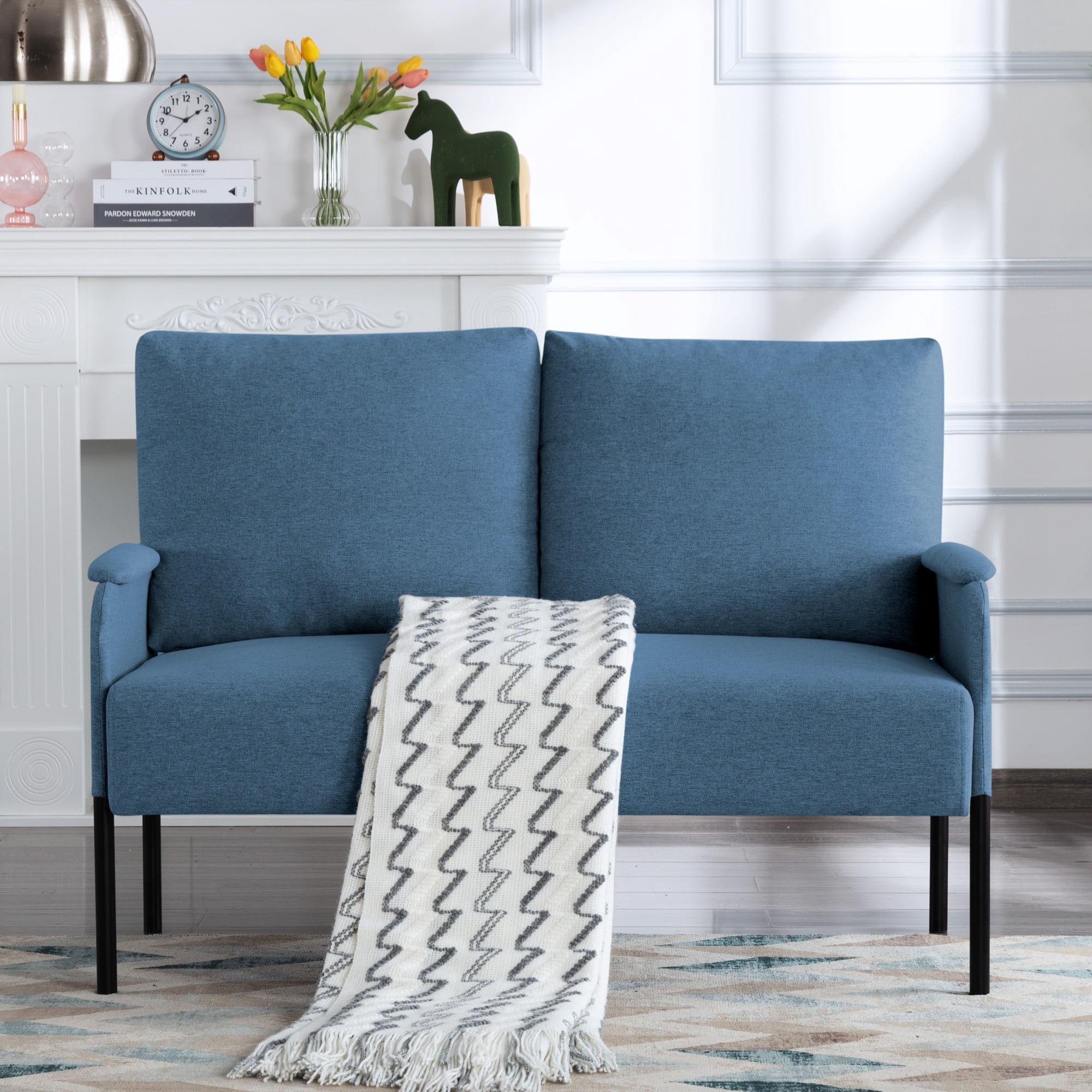 Gewnee Blue Linen Blend 45.7” Metal Frame Loveseat, Small Space 2-Seat Sofa with Removable Cushion