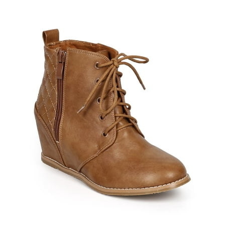 

New Women Nature Breeze Showy-01 Quilted Leatherette Lace Up Zip Wedge Bootie Sz