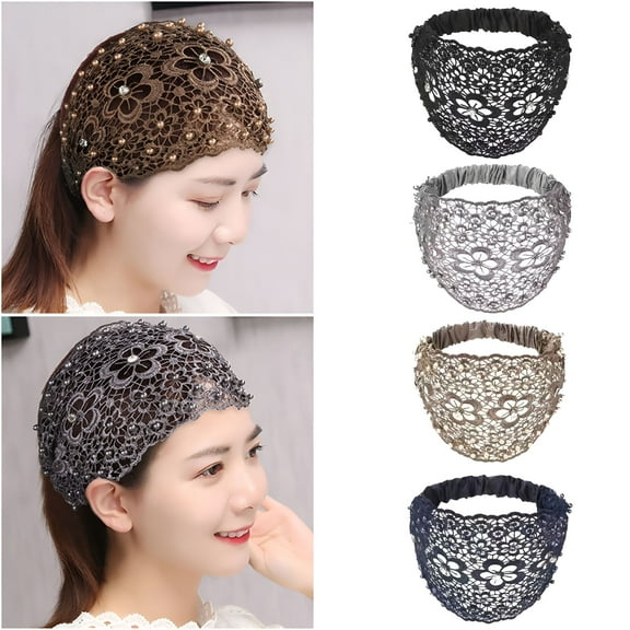 TELOLY 4 Pcs Lace Headbands for Women, Wide Floral Pearl Lace Elastic Headbands Hair Accessories for Women Fashion, Random Color