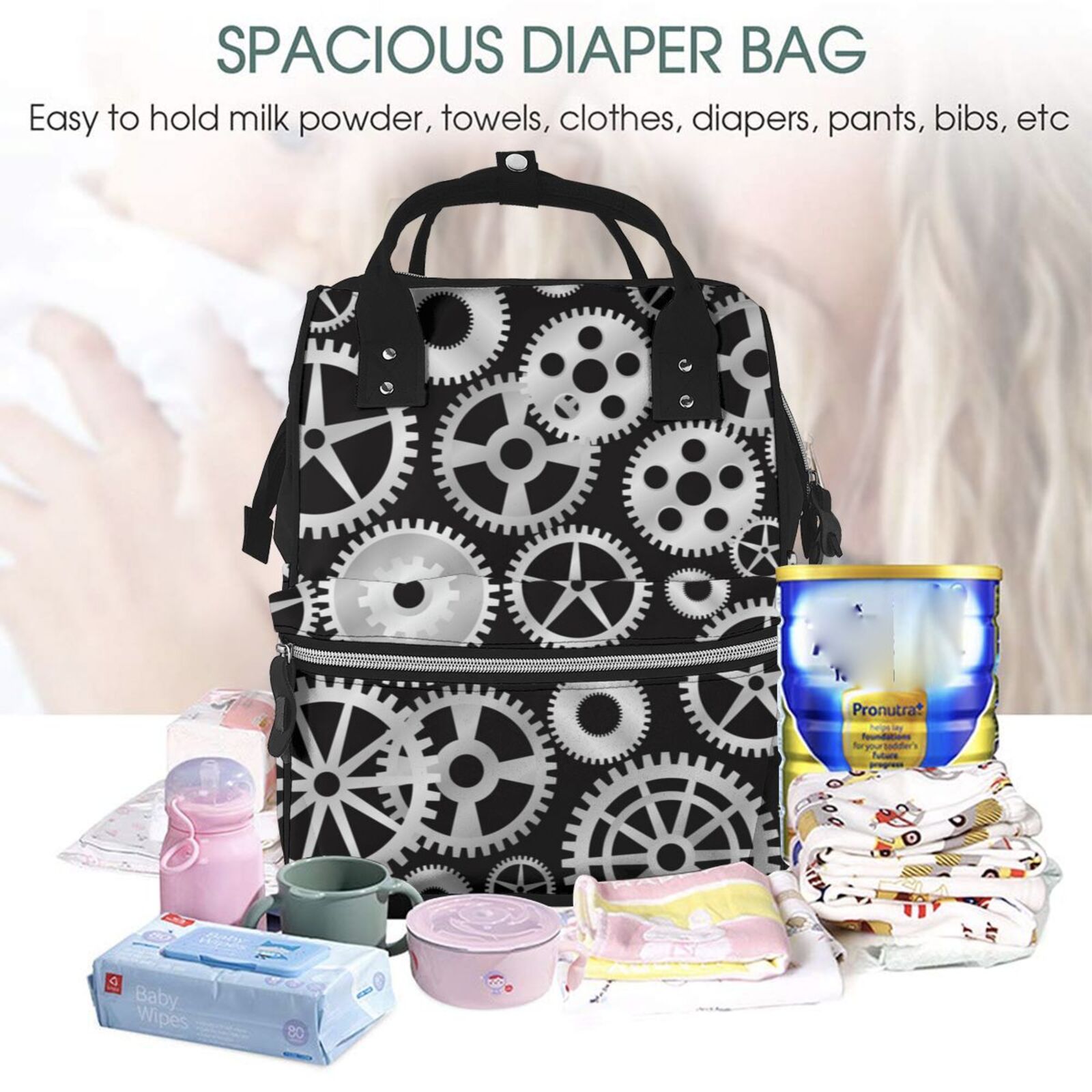 Fuzoiu Metallic Gears Print Diaper Bag Backpack,Baby Essentials Travel Tote,Multi function Waterproof Diaper Bag, Travel Essentials Baby Bag - Unisex