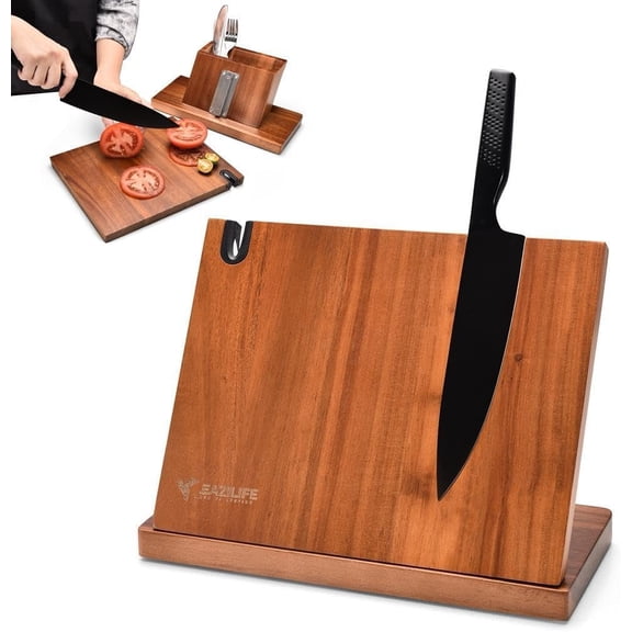 EAZELIFE Magnetic Knife Block Double-Sided Acacia Wood Knife Holder with Built-In Sharpener for Kitchen Countertop